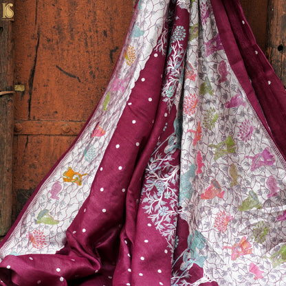 Rouge Red Pure Tussar Silk Handloom Banarasi Sakhi Saree - Khinkhwab