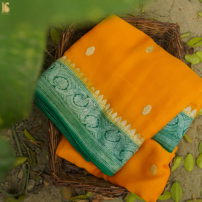 Yellow &amp; Green Pure Georgette Handloom Banarasi Saree - Khinkhwab