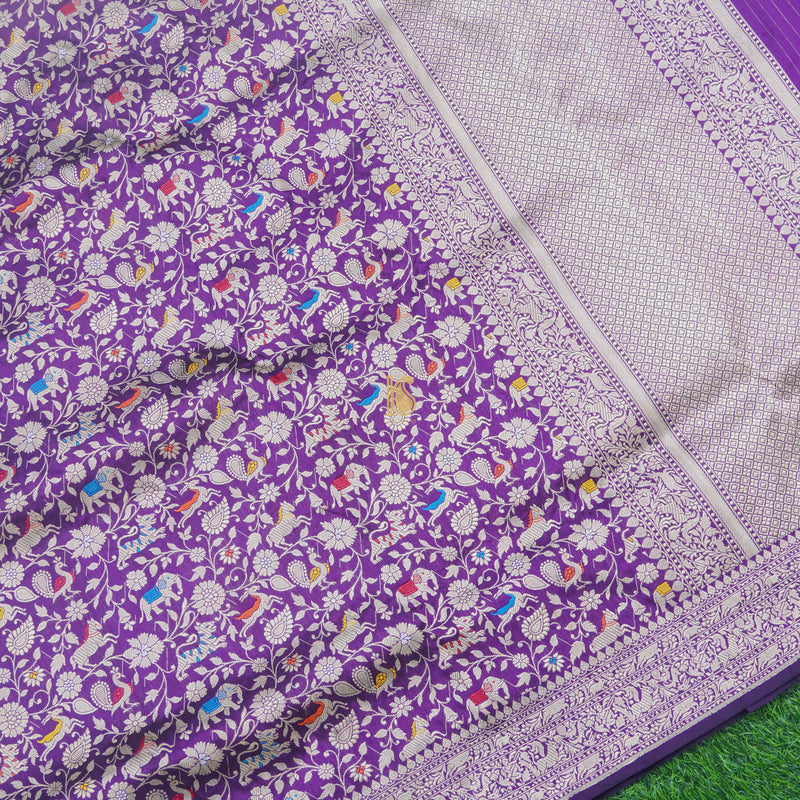 Handloom Katan Silk Purple Banarasi Shikargah Saree - Khinkhwab