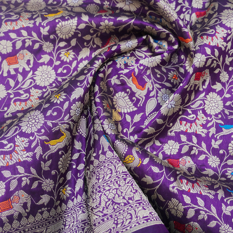 Handloom Katan Silk Purple Banarasi Shikargah Saree - Khinkhwab