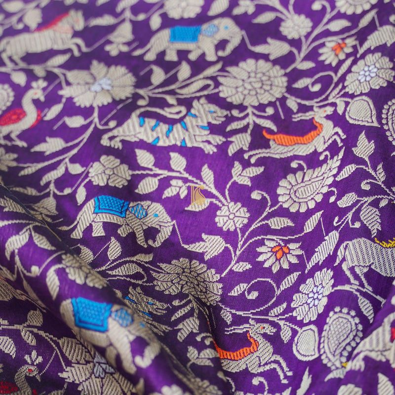 Handloom Katan Silk Purple Banarasi Shikargah Saree - Khinkhwab