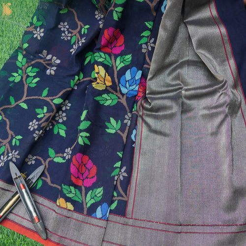 Pure Cotton Real Silver Zari Handloom Neelambari Banarasi Saree - Khinkhwab