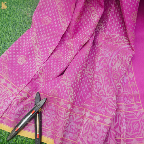 Pure Cotton Real Silver Zari Handloom Pink Banarasi Saree - Khinkhwab