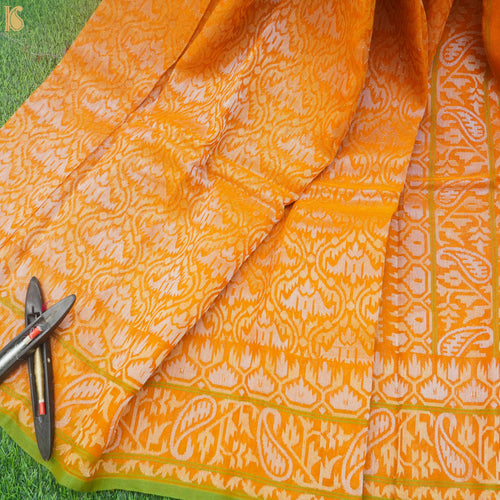 Pure Cotton Real Silver Zari Handloom Orange Banarasi Saree - Khinkhwab