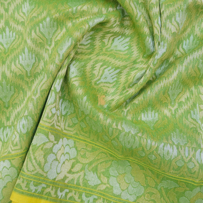 Pure Cotton Real Silver Zari Handloom Green Banarasi Saree - Khinkhwab