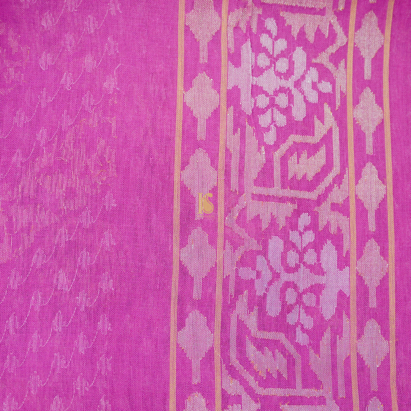 Pure Cotton Real Silver Zari Handloom Pink Banarasi Saree - Khinkhwab