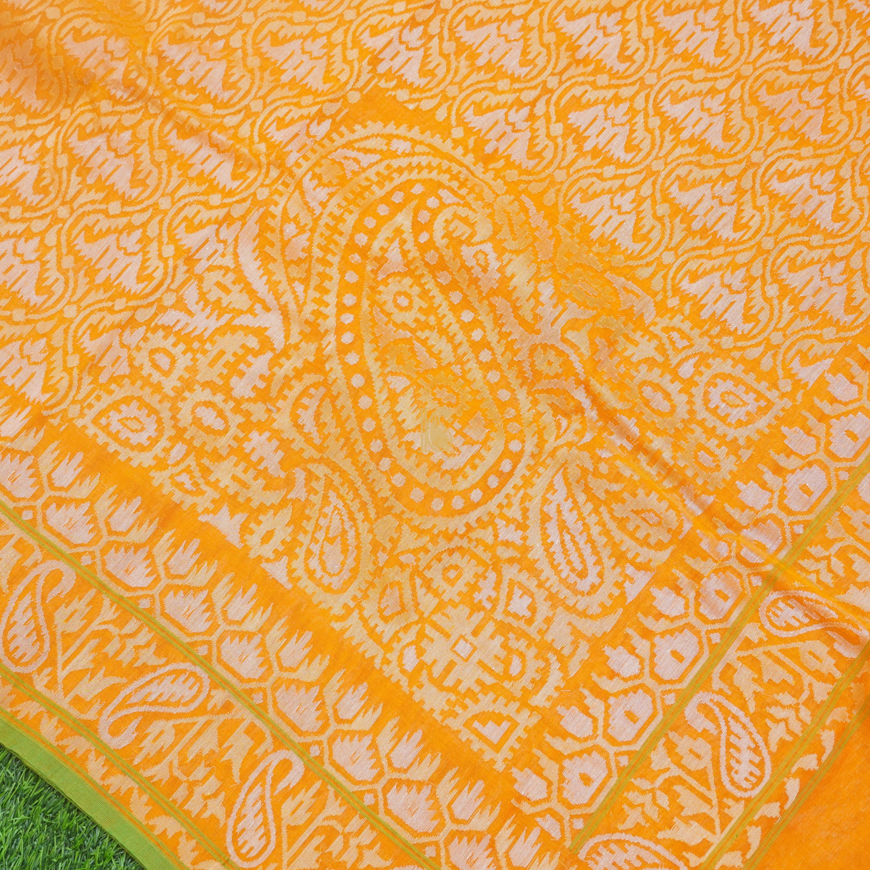 Pure Cotton Real Silver Zari Handloom Orange Banarasi Saree - Khinkhwab