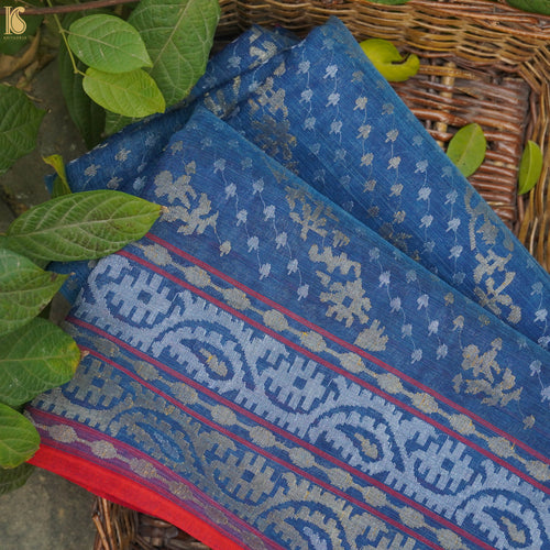 Pure Cotton Neelambari Real Silver Zari Handloom Banarasi Saree - Khinkhwab