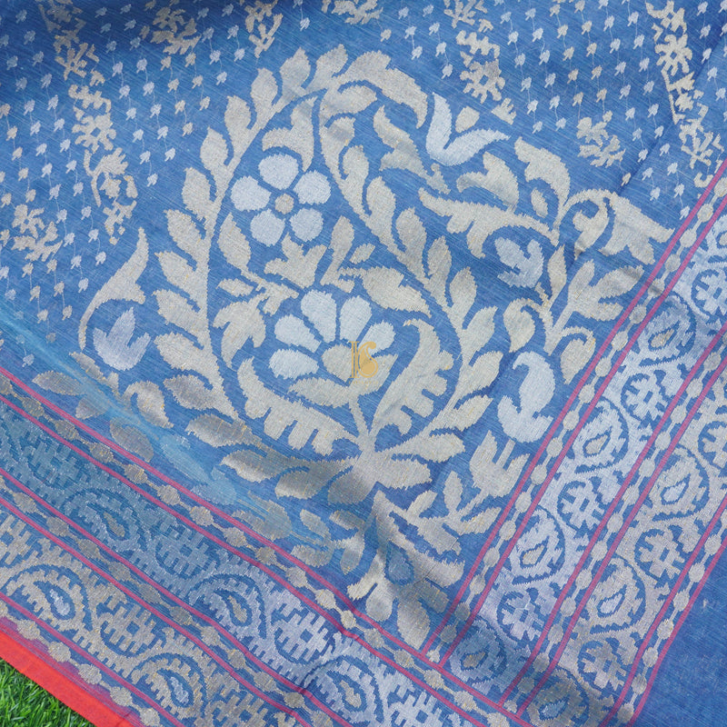 Pure Cotton Neelambari Real Silver Zari Handloom Banarasi Saree - Khinkhwab
