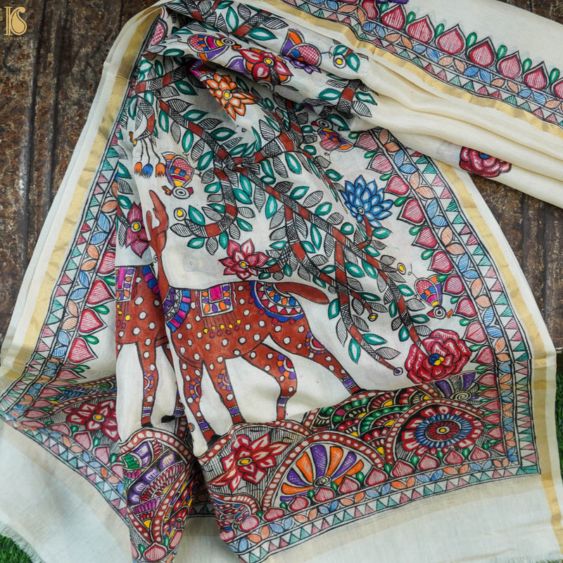 White Pure Tussar Silk Hand Painted Madhubani Deer Dupatta - Khinkhwab