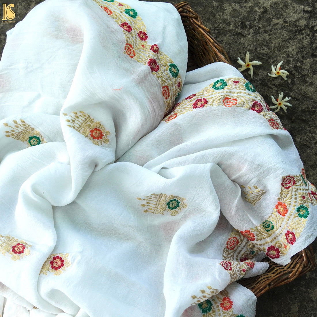 White Pure Georgette Handloom Banarasi Scalloped Border Jhumka Dupatta - Khinkhwab