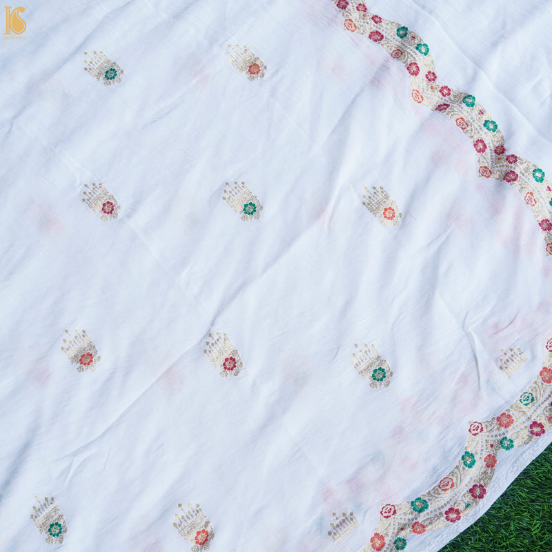 White Pure Georgette Handloom Banarasi Scalloped Border Jhumka Dupatta - Khinkhwab