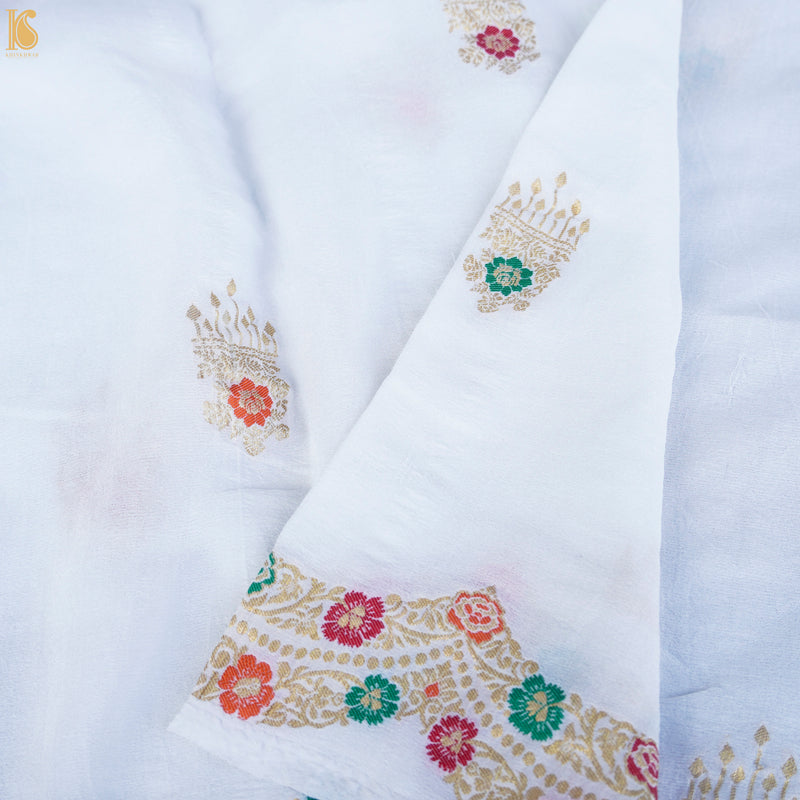 White Pure Georgette Handloom Banarasi Scalloped Border Jhumka Dupatta - Khinkhwab