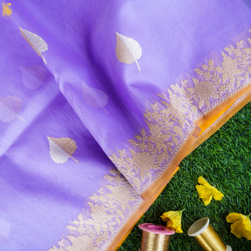 Biloba Flower Purple Pure Kora Handloom Banarasi Silk Kadwa Saree - Khinkhwab