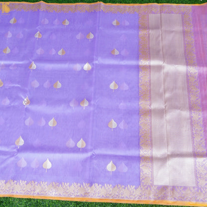 Biloba Flower Purple Pure Kora Handloom Banarasi Silk Kadwa Saree - Khinkhwab