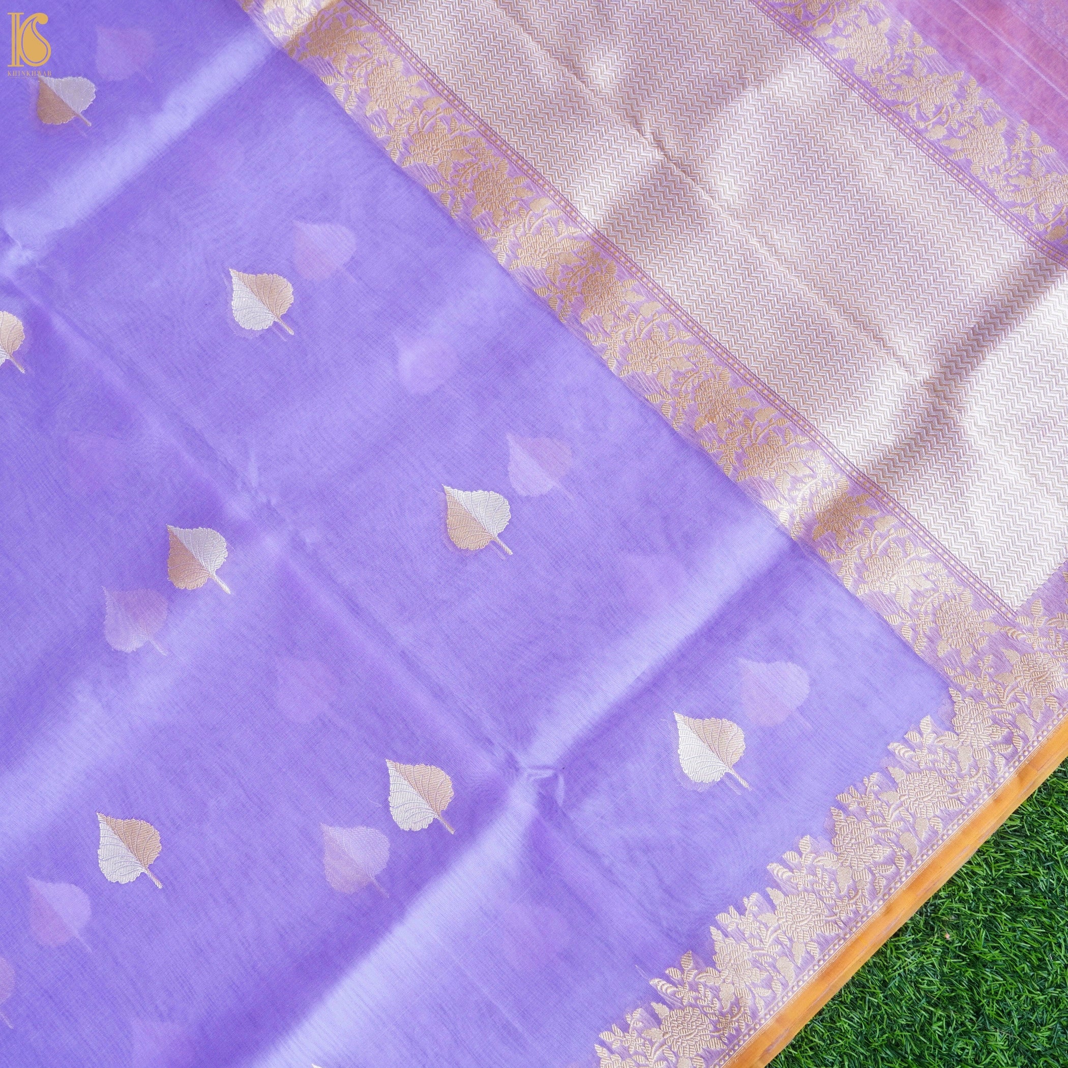Biloba Flower Purple Pure Kora Handloom Banarasi Silk Kadwa Saree - Khinkhwab