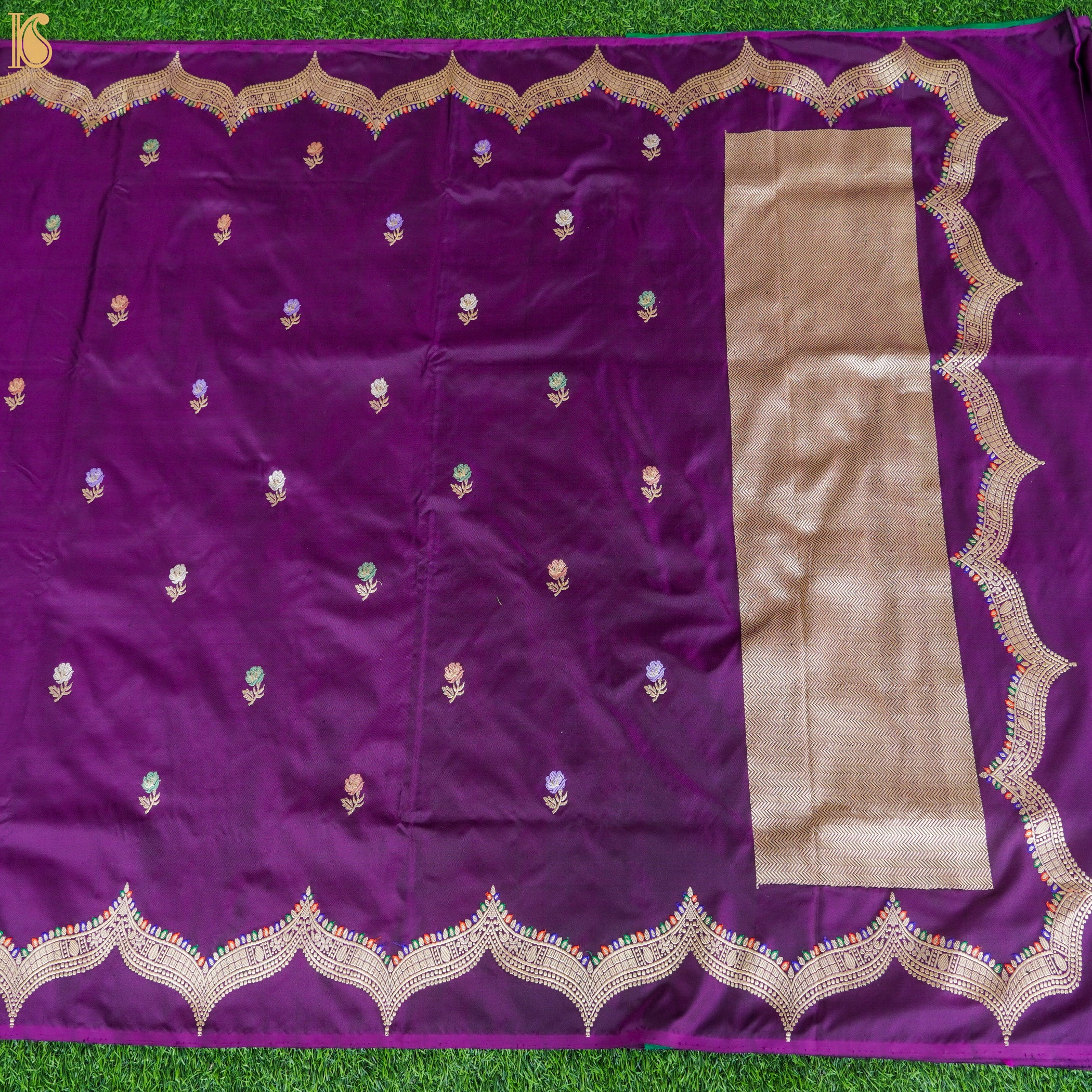 Seance Purple Katan Silk Handwoven Kadhwa Scalloped Border Saree - Khinkhwab