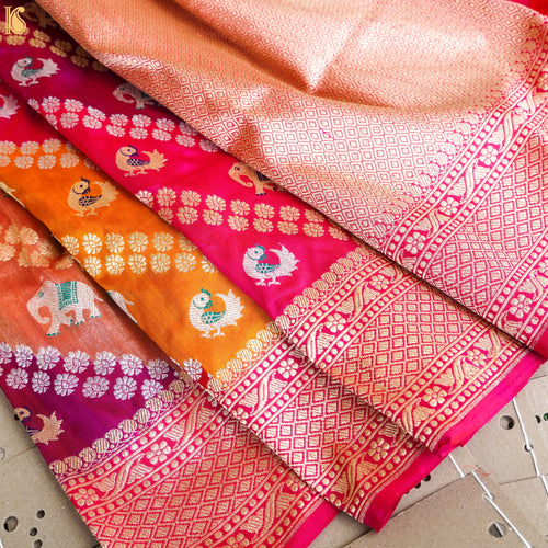 Handwoven Pure Katan Silk Banarasi Kadwa Rangkat Elephant Saree - Khinkhwab