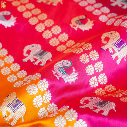 Handwoven Pure Katan Silk Banarasi Kadwa Rangkat Elephant Saree - Khinkhwab
