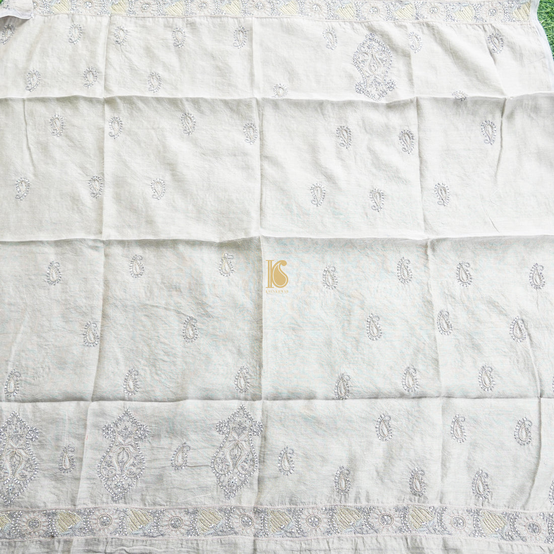 Harp White Chikankari Pure Handloom Tissue Chanderi Blouse Fabric - Khinkhwab