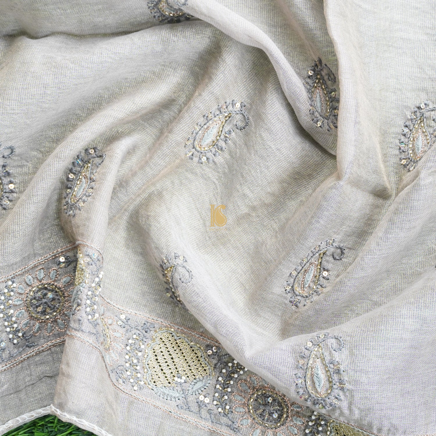Harp White Chikankari Pure Handloom Tissue Chanderi Blouse Fabric - Khinkhwab