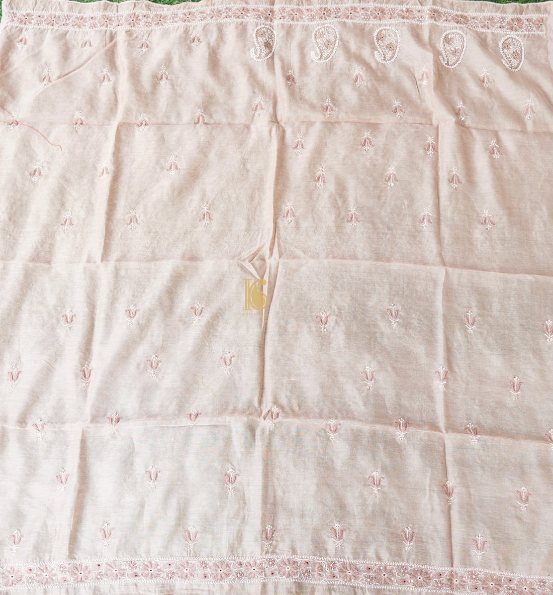 Dust Storm Pink Chikankari Pure Handloom Tissue Chanderi Blouse Fabric - Khinkhwab