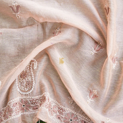 Dust Storm Pink Chikankari Pure Handloom Tissue Chanderi Blouse Fabric - Khinkhwab