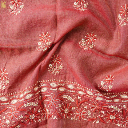 Sea Pink Chikankari Pure Handloom Tissue Chanderi Blouse Fabric - Khinkhwab