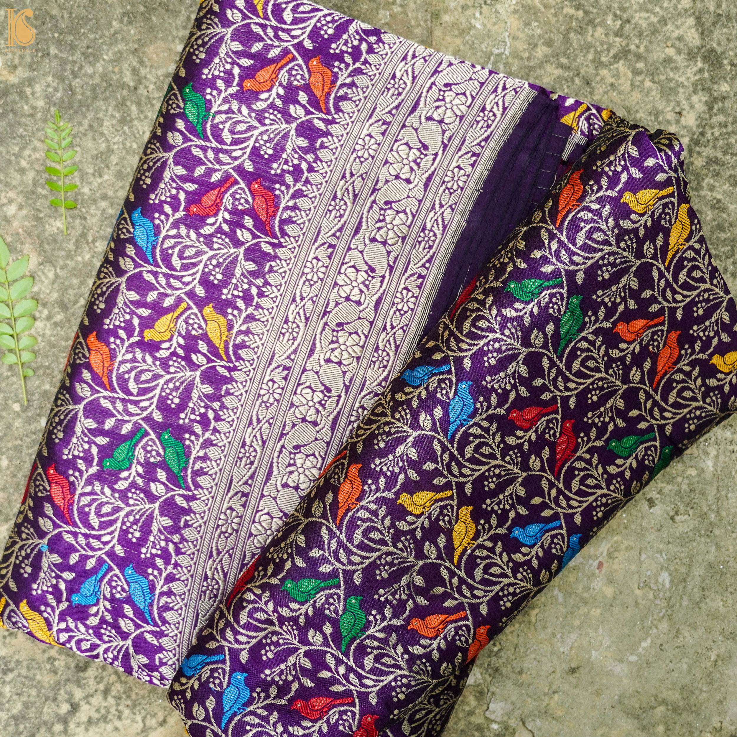 Handloom Katan Silk  Vivid Violet  Banarasi Chidiya Saree - Khinkhwab