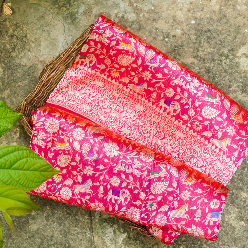 Handloom Katan Silk Banarasi Shikargah Pink Saree - Pre Order - Khinkhwab