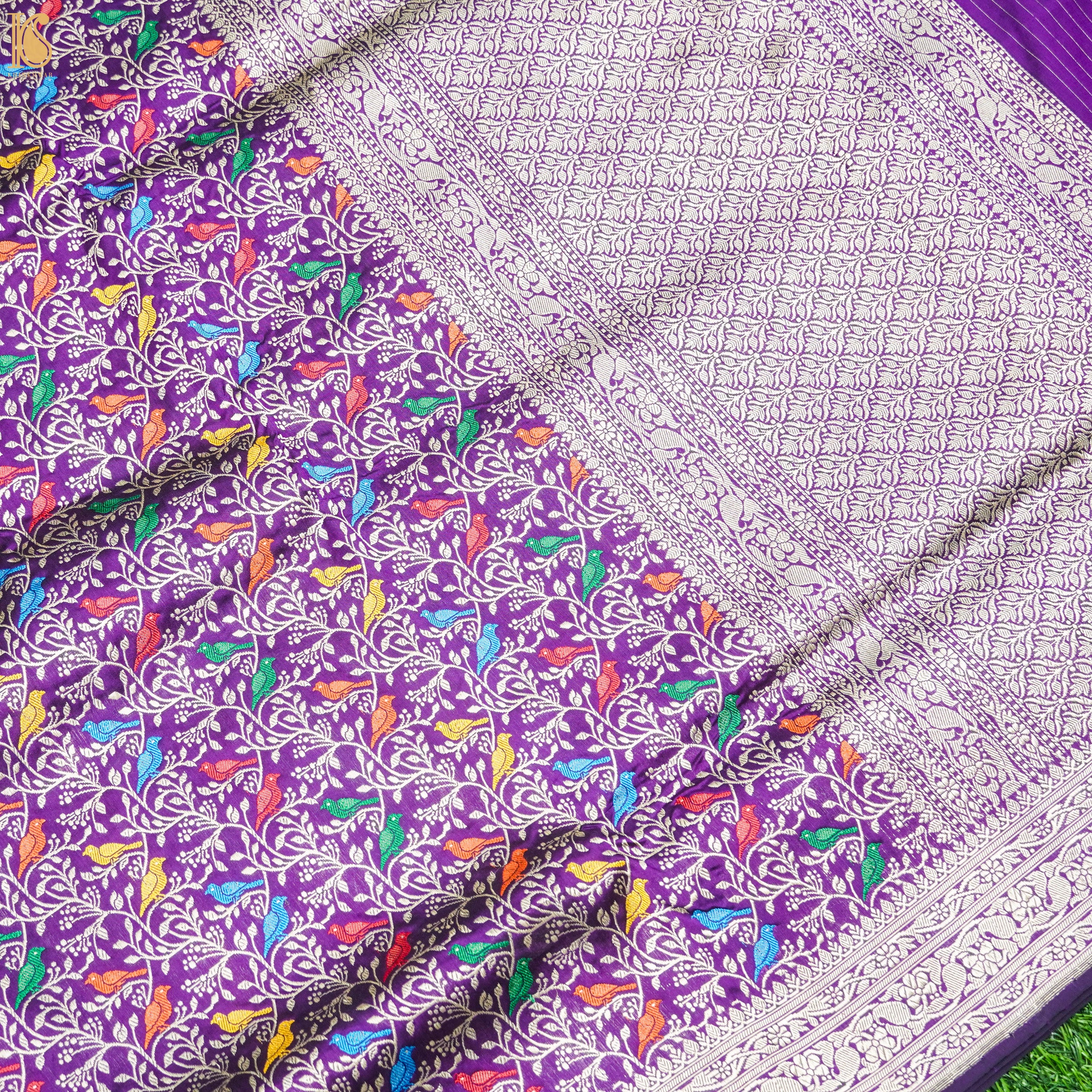 Handloom Katan Silk  Vivid Violet  Banarasi Chidiya Saree - Khinkhwab