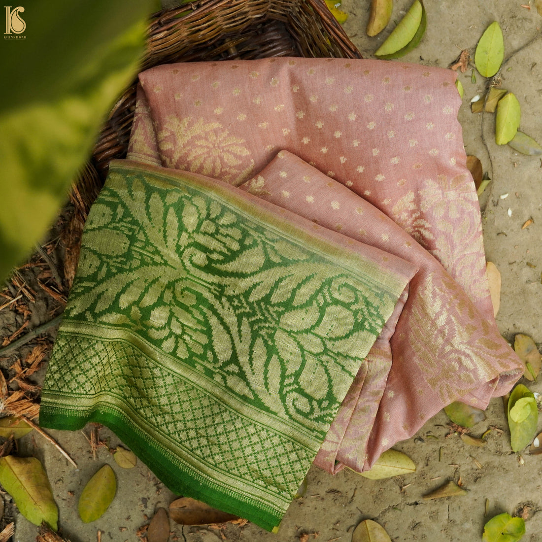 Pink &amp; Green Pure Moonga Silk Handloom Banarasi Saree - Khinkhwab