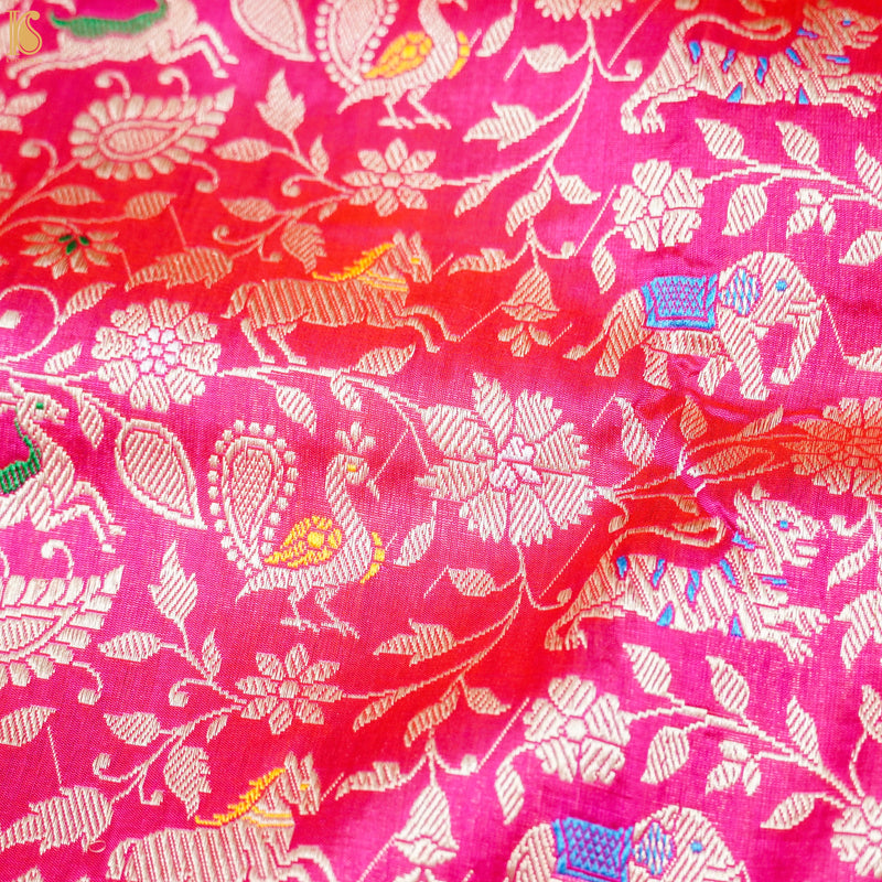 Handloom Katan Silk Banarasi Shikargah Pink Saree - Pre Order - Khinkhwab