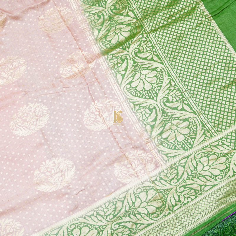 Pink & Green Pure Moonga Silk Handloom Banarasi Saree - Khinkhwab