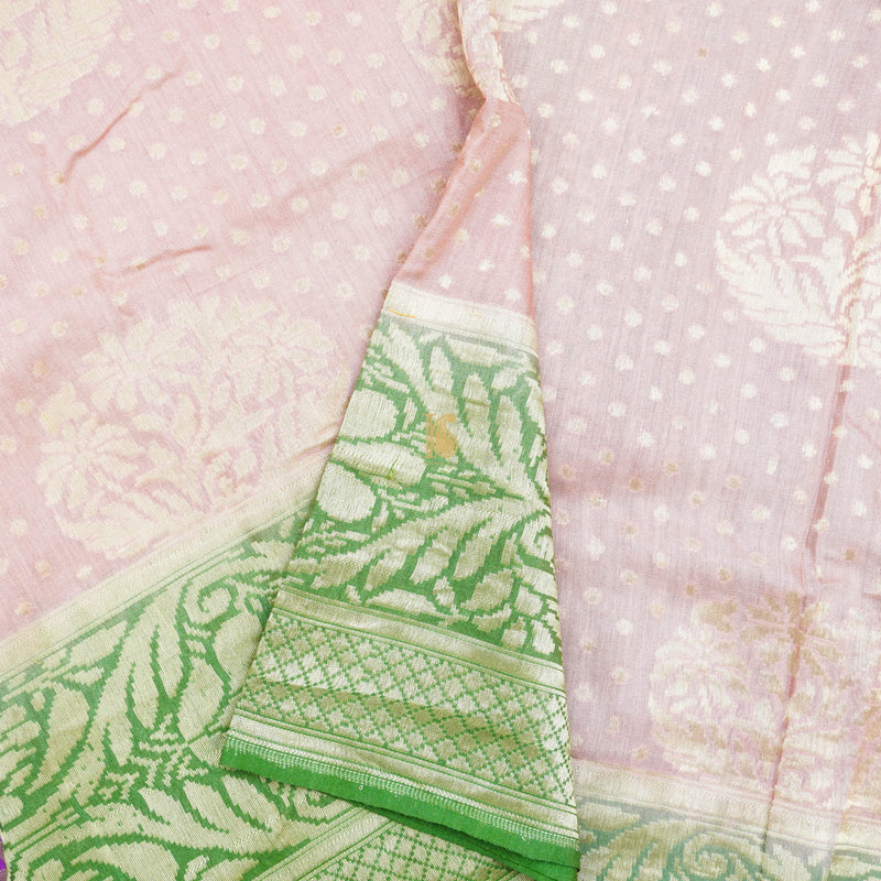 Pink & Green Pure Moonga Silk Handloom Banarasi Saree - Khinkhwab