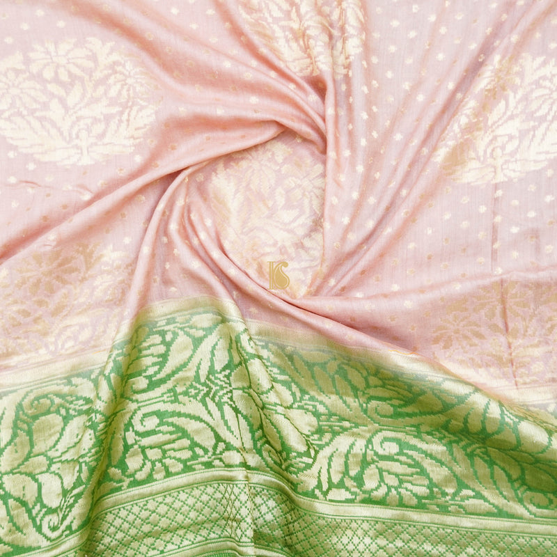 Pink & Green Pure Moonga Silk Handloom Banarasi Saree - Khinkhwab