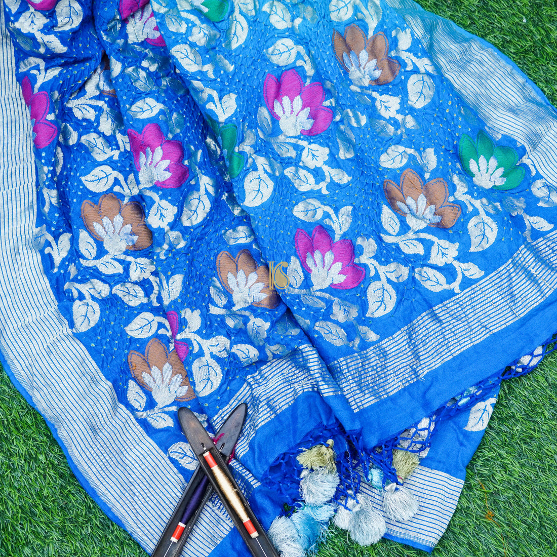 Blue Moonga &amp; Georgette Handloom Banarasi Bandhani Saree - Khinkhwab