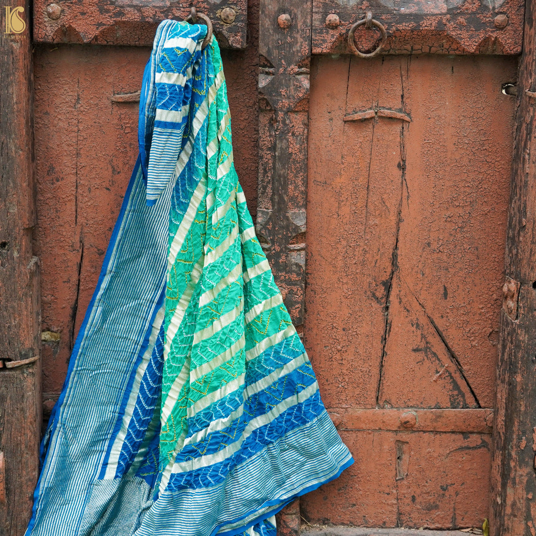 Blue &amp; Green Georgette Handloom Banarasi Bandhani Stripes Dupatta - Khinkhwab