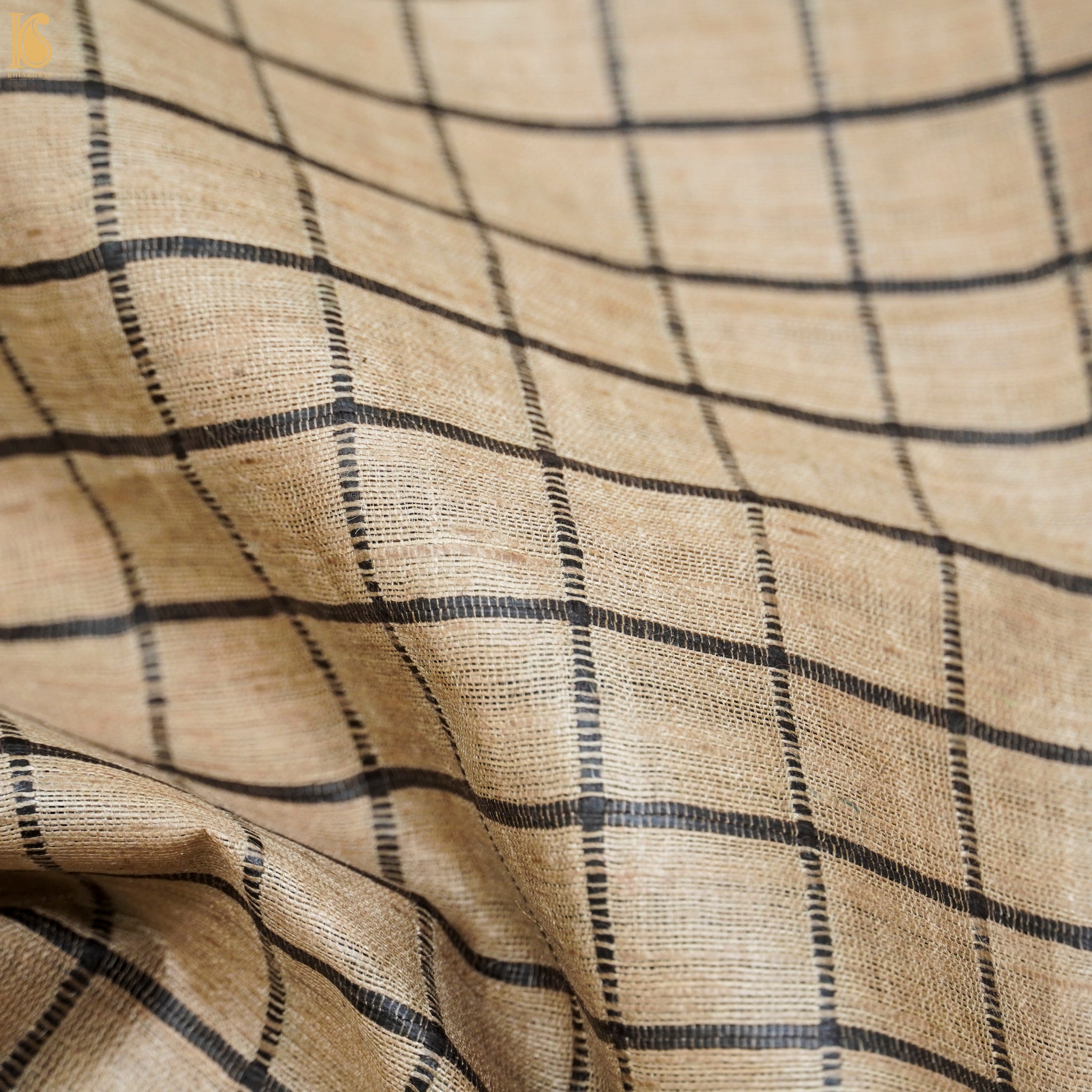 Handwoven Pure Desi Tussar Silk Check Banarasi Fabric - Khinkhwab