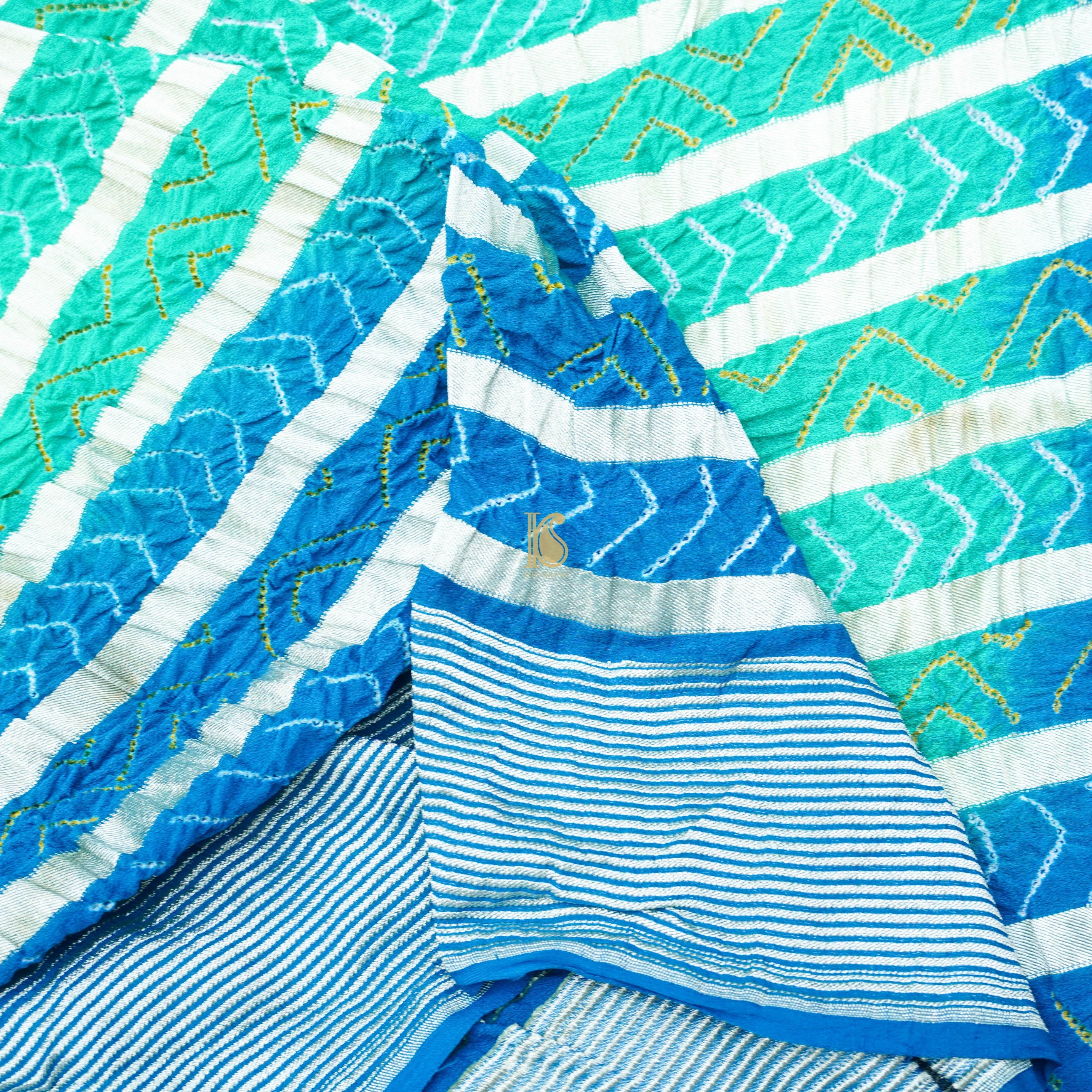 Blue &amp; Green Georgette Handloom Banarasi Bandhani Stripes Dupatta - Khinkhwab
