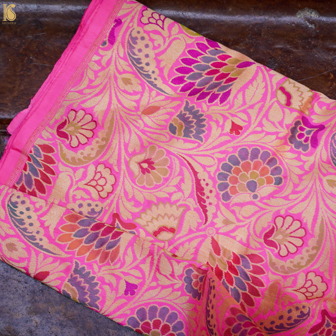 Pink Pure Katan Silk Banarasi Meenakari Fabric - Khinkhwab