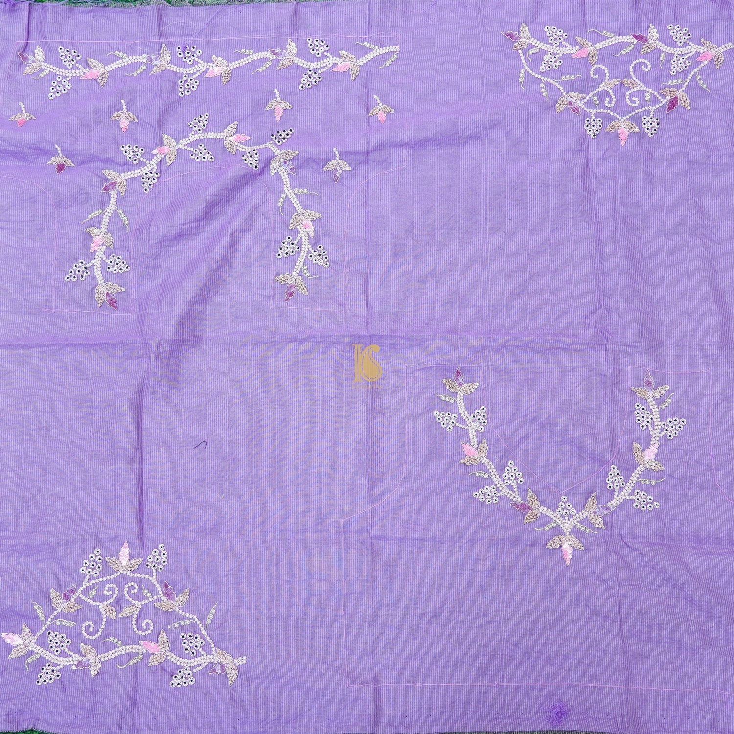 Silver &amp; Purple Pure Fine Tissue Silk Pearl Embroidery Saree - Khinkhwab