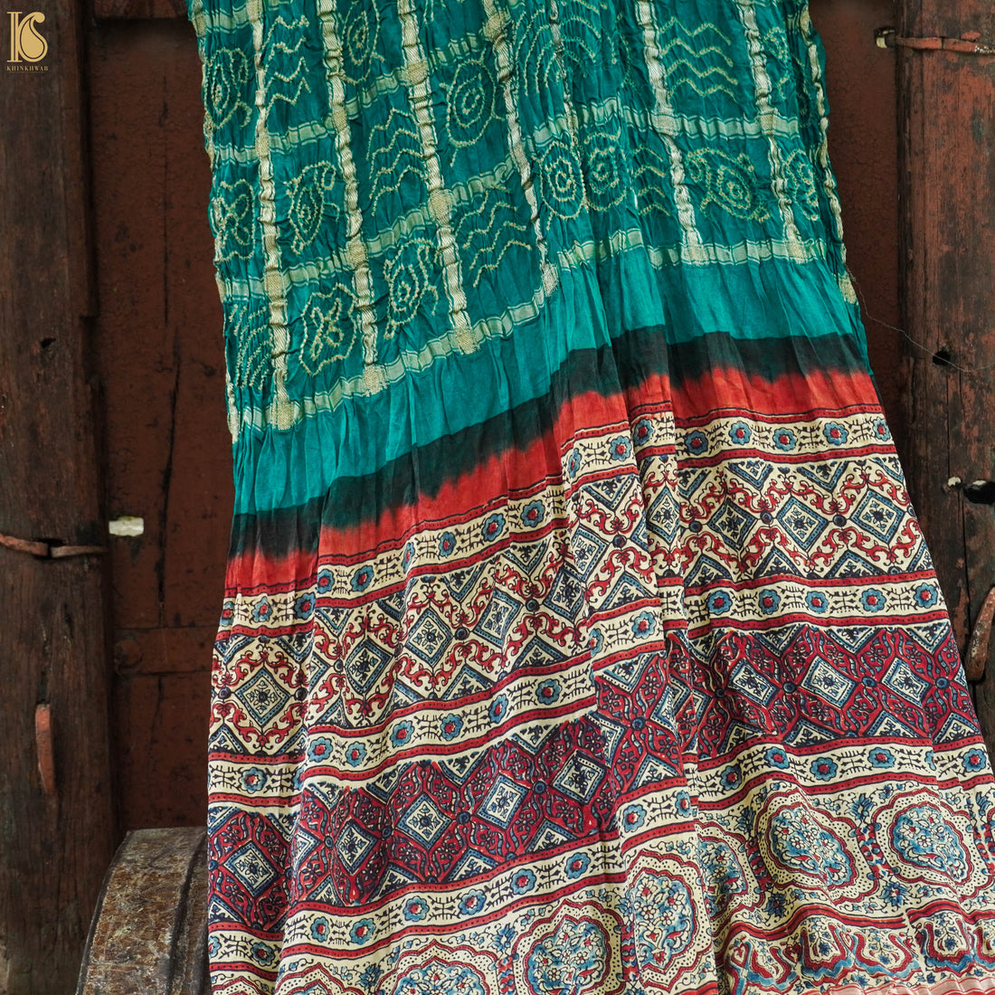 Teal Hand Block Ajrakh with Bandhani Gharchola Modal Silk Saree - Khinkhwab