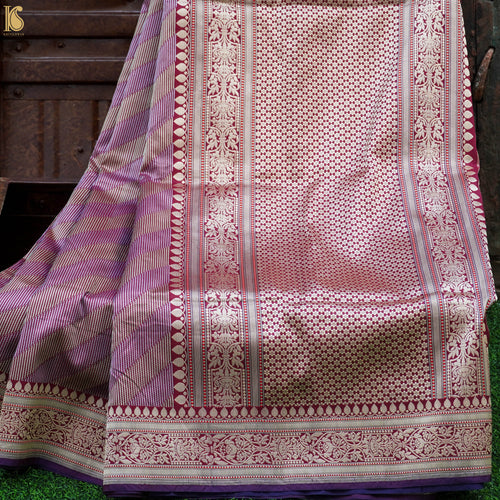 Handloom Banarasi Katan Silk Purple Brocade Stripes Saree - Khinkhwab