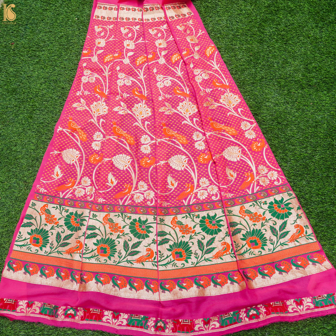 Pink Handloom Pure Georgette Kalidar Banarasi Meenakari Shikargah Lehenga - Khinkhwab