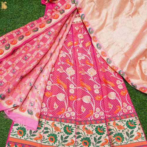 Pink Handloom Pure Georgette Kalidar Banarasi Meenakari Shikargah Lehenga - Khinkhwab