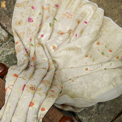 Beige Pure Tussar Silk Handloom Banarasi Meenakari Shikargah Saree - Khinkhwab