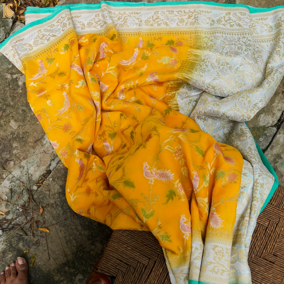Yellow & Green Pure Georgette Handloom Banarasi Birds of Paradise Saree - Khinkhwab