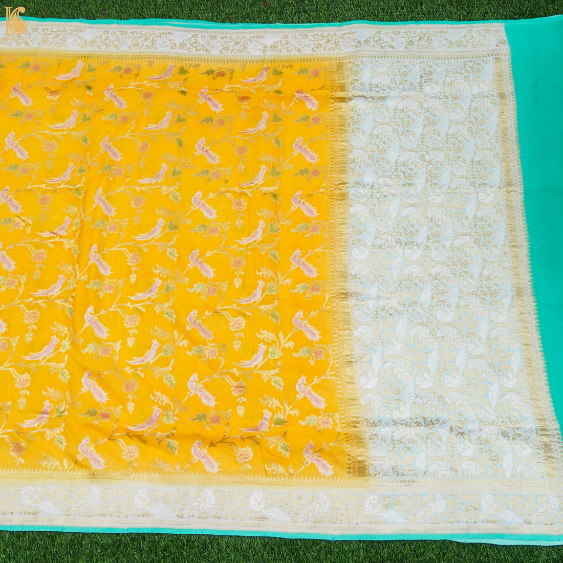 Yellow & Green Pure Georgette Handloom Banarasi Birds of Paradise Saree - Khinkhwab