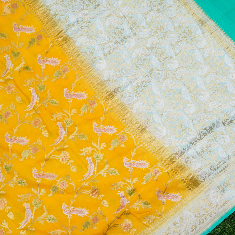 Yellow & Green Pure Georgette Handloom Banarasi Birds of Paradise Saree - Khinkhwab